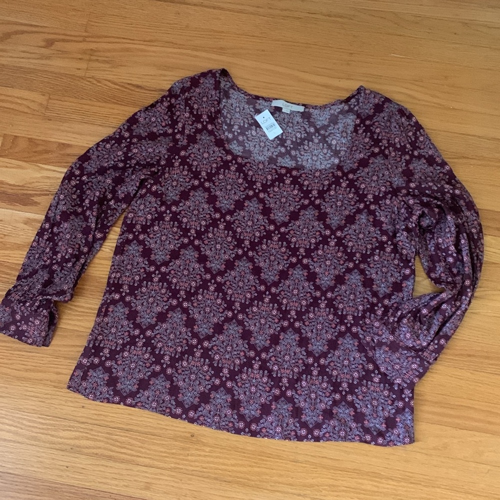 LOFT square neck blouse burgundy, white & terra cotta floral print. Size L